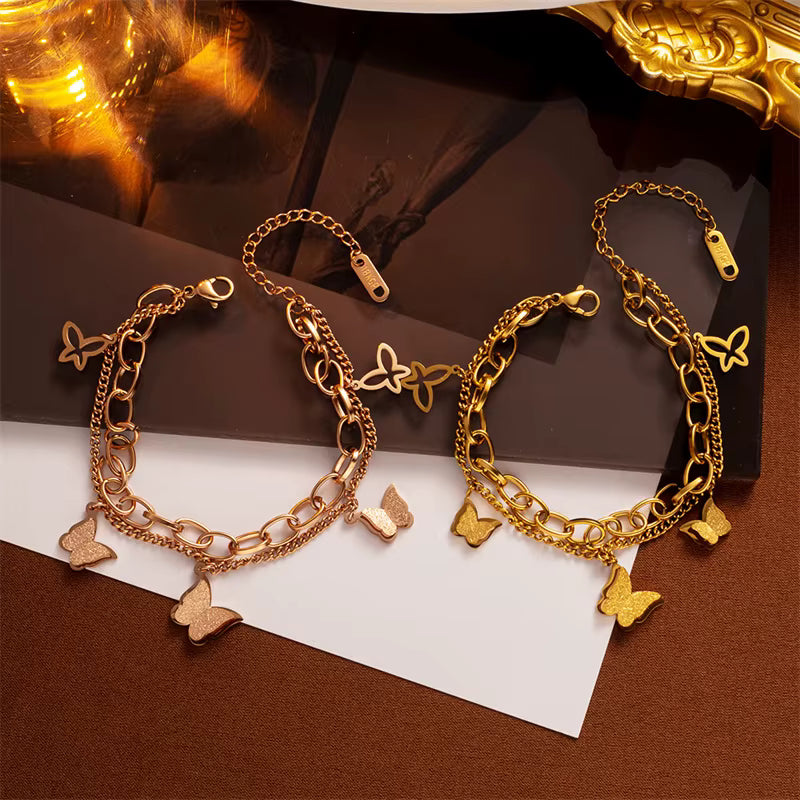 18K Gold plated Versatile Stainless Steel Plated Fashion Jewelry Stainless Steel Double-Layer Frosted Butterfly Bracelet for Women
