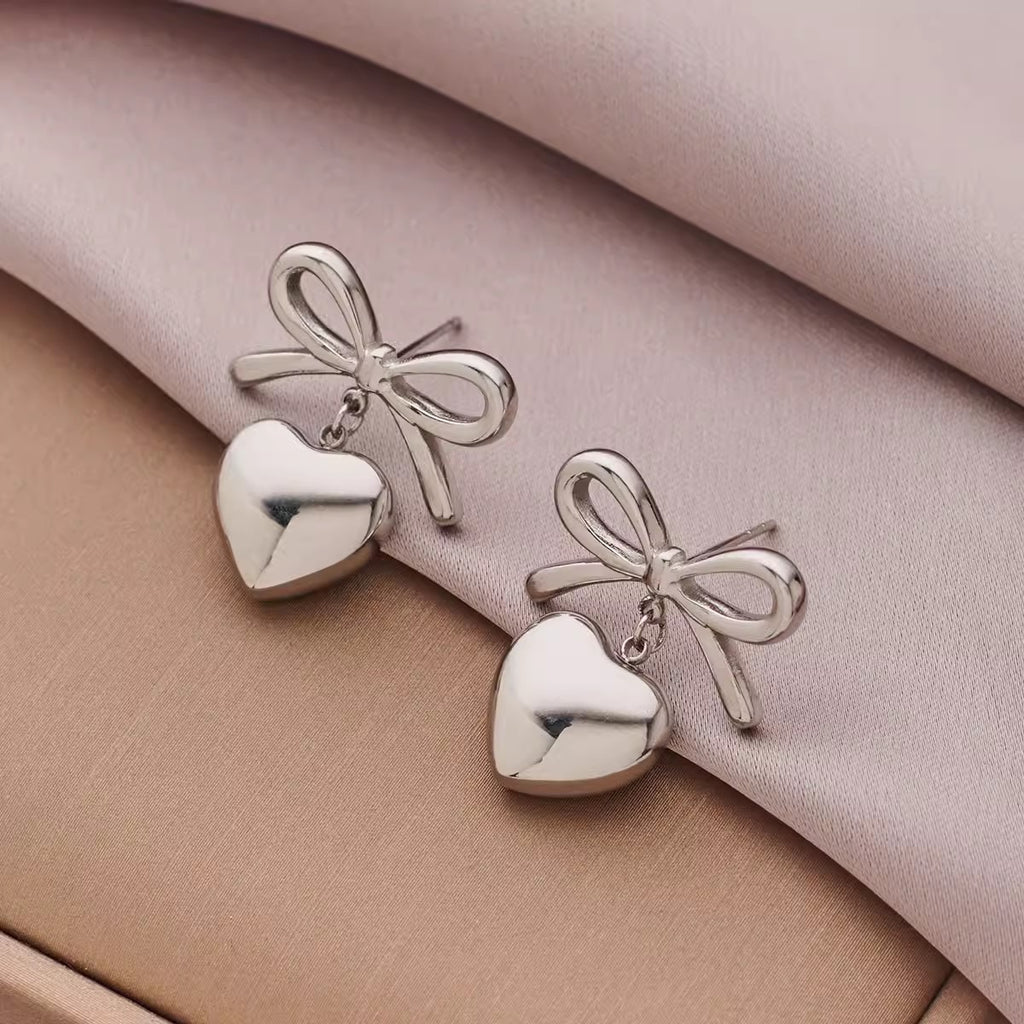 New 2026 trendy waterproof Bow Knot Heart Lover Earrings set stainless steel
