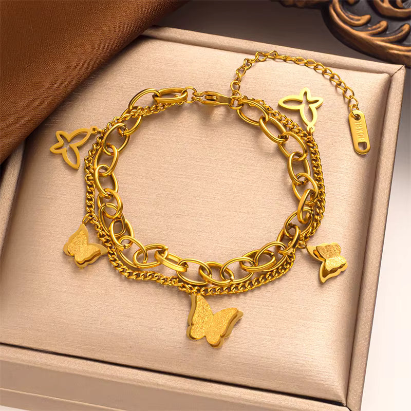 18K Gold plated Versatile Stainless Steel Plated Fashion Jewelry Stainless Steel Double-Layer Frosted Butterfly Bracelet for Women